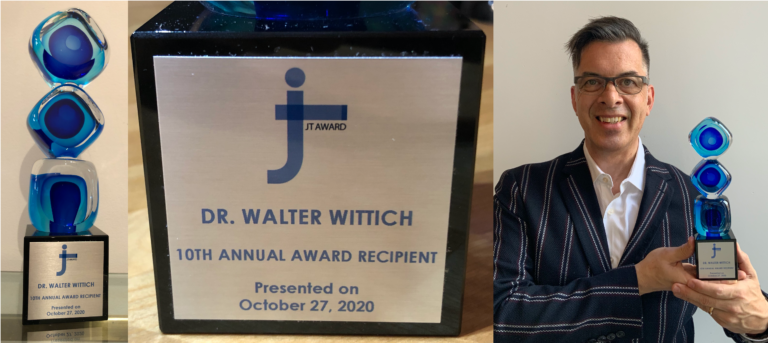 Combination of photos. From left to right: The full JT Award. The plaque of the JT Award. Walter Wittich with his JT Award.